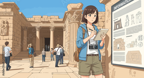 Anime-Style Illustration of a Young Tourist Exploring Ancient Ruins and Taking Notes with Camera
