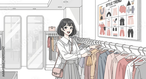 Anime-style illustration of a young woman shopping for clothes in a boutique looking at the new