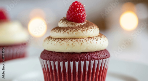 Delicious red velvet cupcake with cream cheese frosting and raspberry topping delight