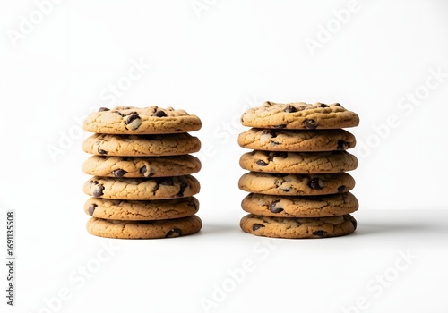 Stacks of homemade chocolate chip cookies on a bright white background surface.