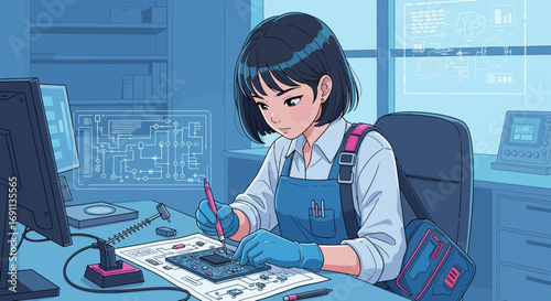 Focused female engineer analyzing a circuit board in her office environment with computers