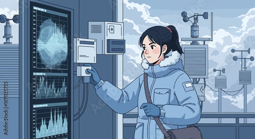 Illustration of a woman working at a weather station analyzing data on a screen outdoors