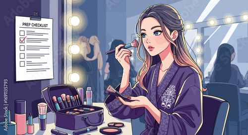 Illustration of a young woman applying makeup in a dressing room with checklist and vanity mirror
