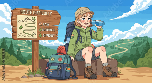 Tired hiker girl rests after a long trail day, drinking water and enjoying nature with mountain