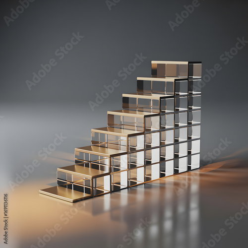 A staircase of stacked gold bars reflecting light on a smooth surface symbolizing wealth and financial growth