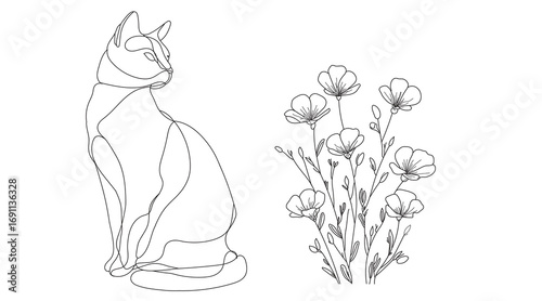 Elegant single line drawing of a seated cat next to delicate wildflowers