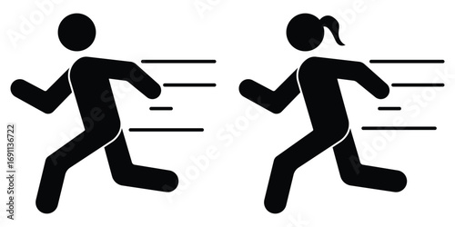 Running man and woman icon silhouette, Running sport person icons vector. Symbol of runners person, sprint, athletic, marathon, jogging race, fitness, fast run, run track and compition symbol.