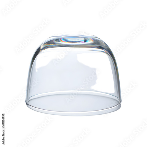 Minimalist transparent glass bell jar with reflective cylindrical shape, clean studio lighting, modern high key still life object isolated on white background