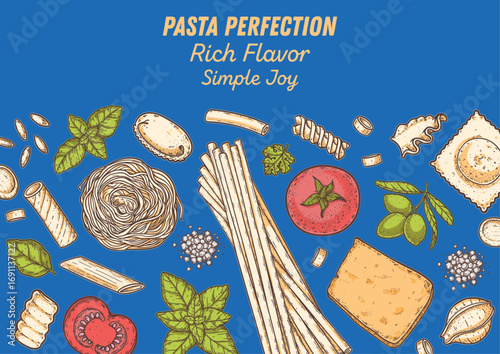 Traditional Italian pasta. Italian food. Staple food. Hand drawn vector illustration. Background for packaging, menu. Top view. Not AI
