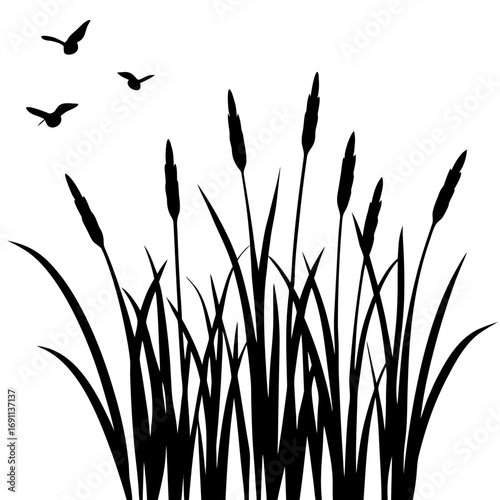 Tall grass or reeds with flying bird outline vector, a modern flying bird icon art design, black vector reeds grass outline, black vector of a grass, simple tall grass art