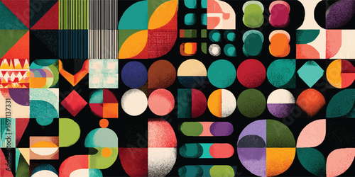 Abstract geometric collage with circles squares and lines vibrant colors and textured surface full frame design