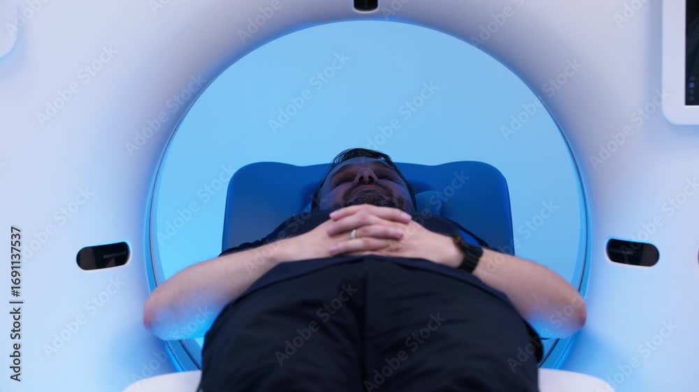 Man lying on examination table inside modern MRI machine, preparing for ...