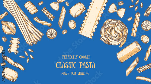 Traditional Italian pasta Italian food. Staple food. Hand drawn vector illustration. Background for packaging, menu. Top view. Not AI