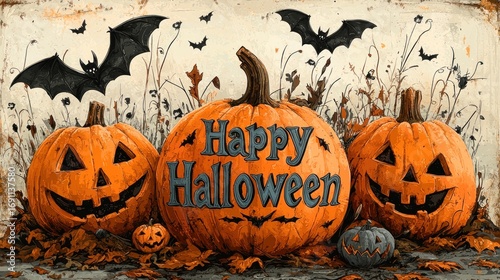 Halloween background with pumpkins and bats. 2d illustration. Halloween Greeting Card with Copy, Text. Halloween Party Invitation Card