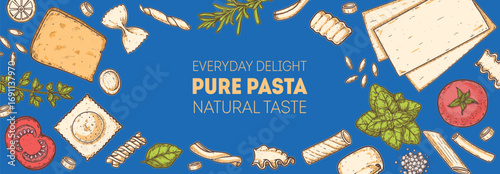 Traditional Italian pasta. Italian food. Staple food. Hand drawn vector illustration. Background for packaging, menu. Top view. Not AI