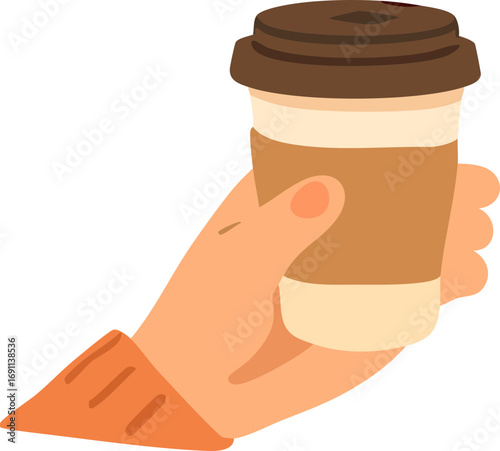 hand holding takeaway coffee cup with brown lid and sleeve side view.