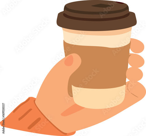 hand holding takeaway coffee cup with brown lid and sleeve side view.