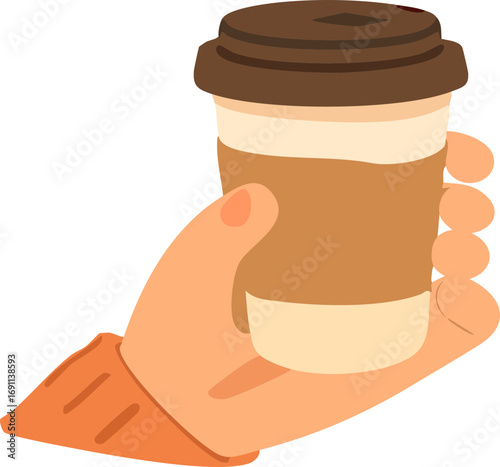 hand holding takeaway coffee cup with brown lid and sleeve side view.