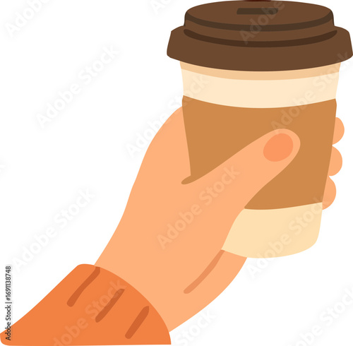 hand holding takeaway coffee cup with brown lid and sleeve side view.