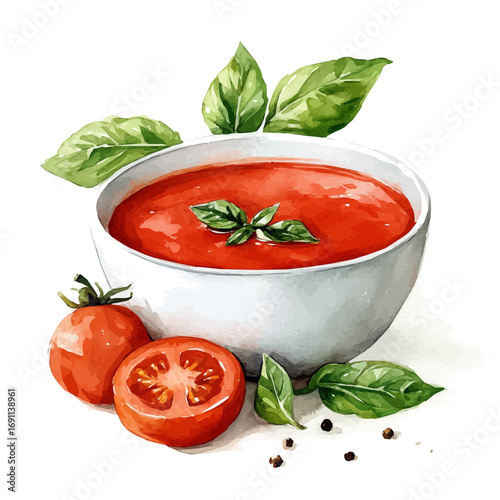 Tomato Soup, watercolor illustration vector, isolated on a white background.