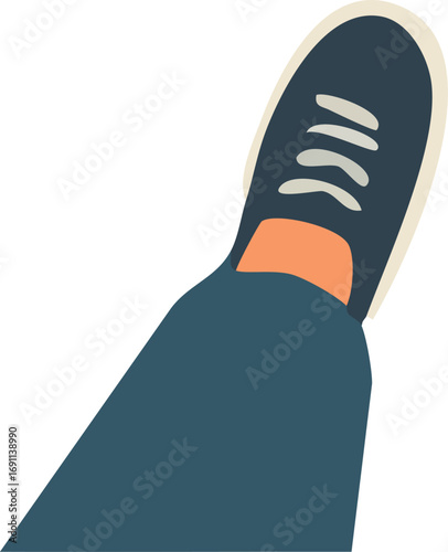 shows a close-up of a foot wearing a dark sneaker with white laces and a blue pant leg.