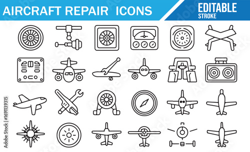 Line art of aviation repair and maintenance icons, showcasing tools, engines, and airplane parts