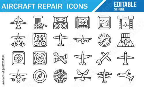 Simple line art of aircraft repair tools and airplane components, perfect for aviation-related designs