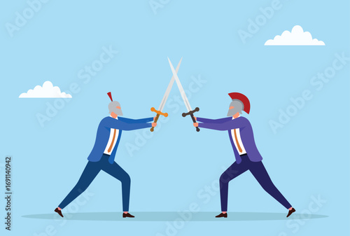 Vector illustration of two businessmen fighting with swords, symbolizing competition, rivalry, and challenges in business and corporate battles
