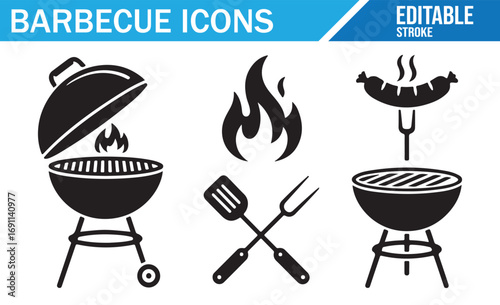 Sketch of a barbecue grill with flames, forks, and spatulas, perfect for summer cookouts and BBQ themes
