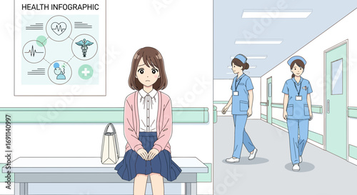 Worried young woman awaiting medical results in a hospital waiting room illustration