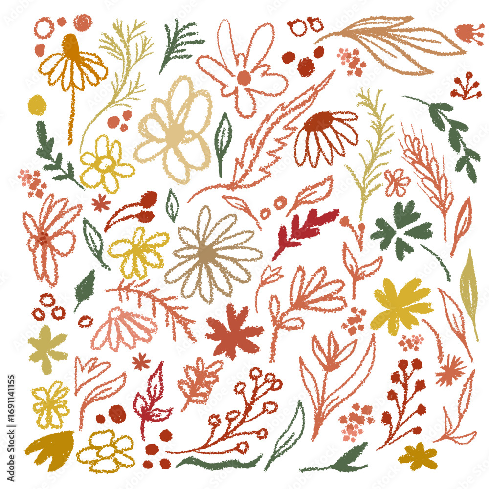 Autumn flowers and leaves in chalk. hand drawn. Not AI, Vector illustration.