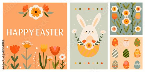 Happy easter greeting card with cute bunny flowers and decorated eggs in a vibrant spring color palette