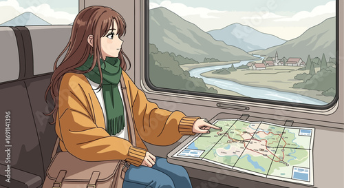 Anime girl planning her travel route on a train journey with scenic mountain view