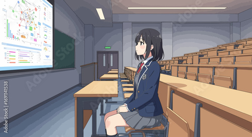 Anime illustration of a student girl in an empty lecture hall watching a presentation
