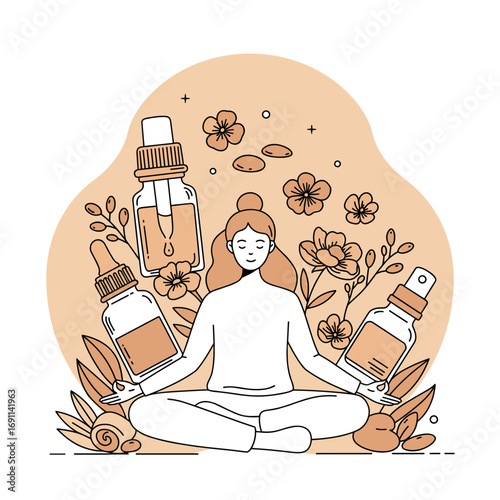 Woman meditating while holding essential oil bottles surrounded by flowers  