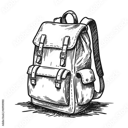 Classic sketch of a vintage leather backpack with detailed features  
