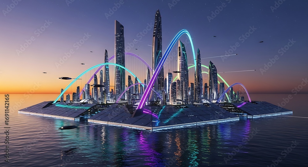 Obraz premium Futuristic Floating Cityscape at Sunset.
