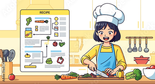 Cartoon illustration of a young chef following a recipe in a bright kitchen setting showcasing