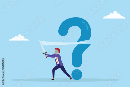 Vector illustration of a businessman cutting a large question mark with a sword, symbolizing problem solving, confidence, and conquering uncertainty

