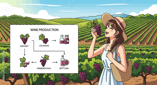 Cartoon illustration of a young woman harvesting grapes in a vineyard with wine production steps