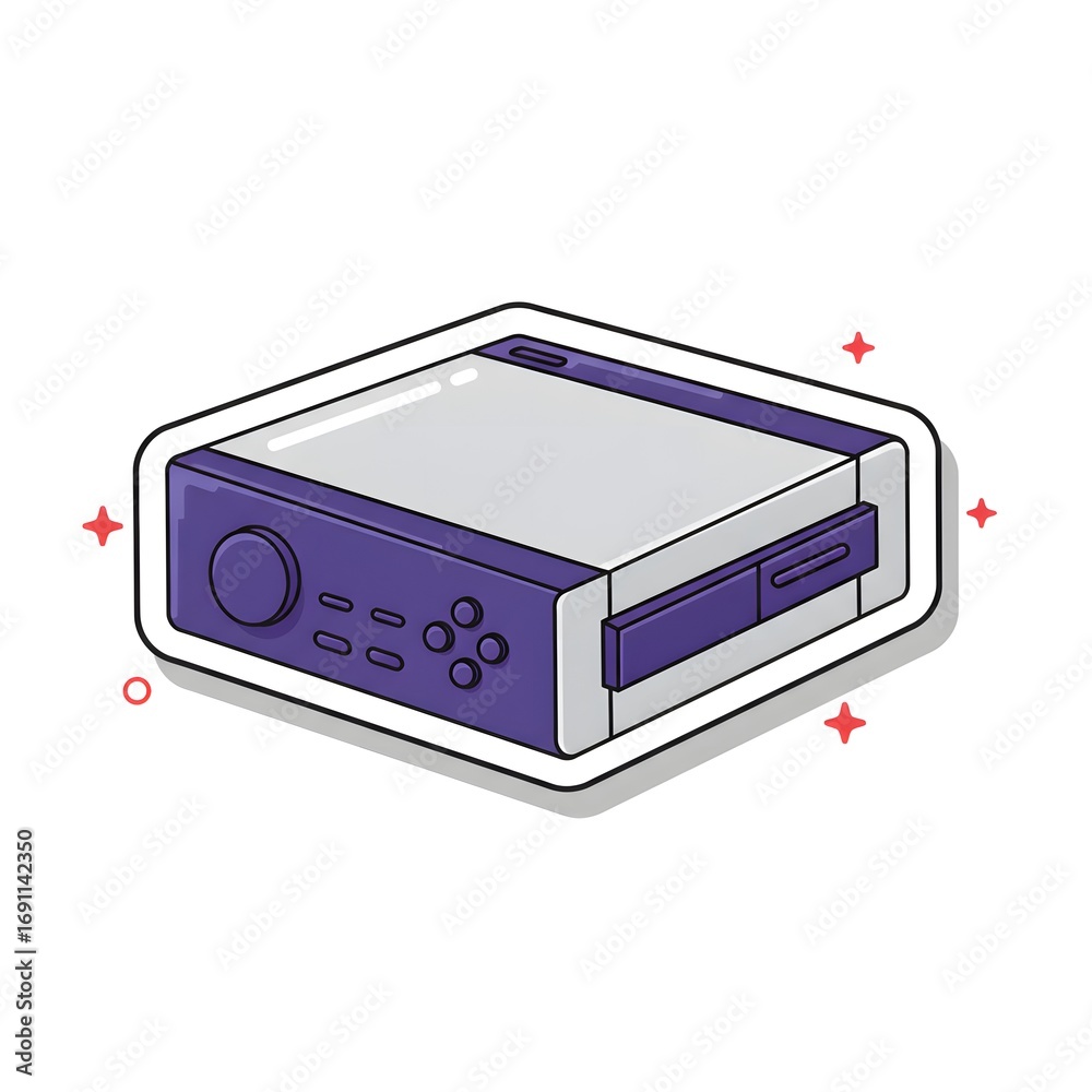 Fototapeta premium Cartoon illustration of a retro gaming console in purple and white 