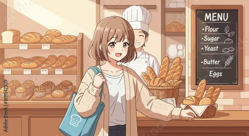 Delightful anime illustration of a young woman shopping at a cozy, inviting bakery filled with