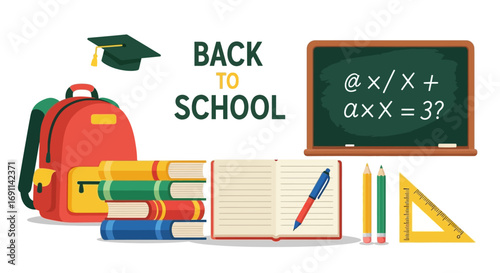 Back-to-school supplies arranged on a white background, featuring a backpack, books, a chalkboard, and school supplies.