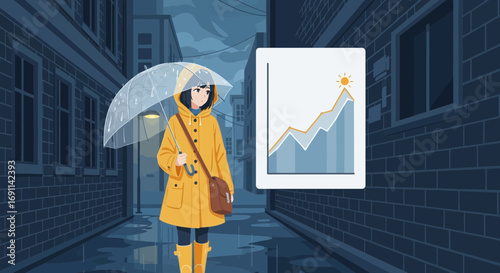 Hopeful outlook amidst gloomy weather, woman walking with umbrella and optimistic graph