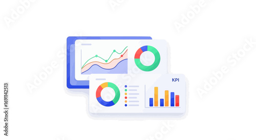 Overlapping digital dashboards display various financial graphs and key performance indicators.
