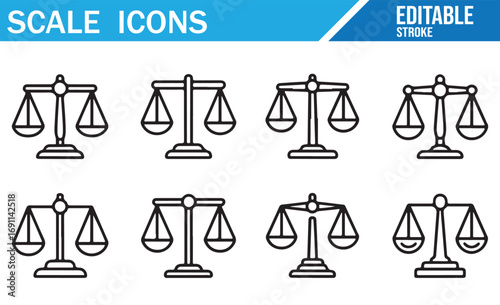 Line art illustration of scale icons, representing justice and law symbols in simple outlines