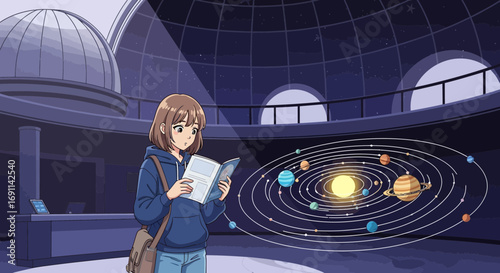 Illustration of a young woman exploring the wonders of astronomy in a planetarium enjoying