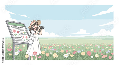Illustration of a young woman photographing flowers in a scenic meadow with a clear sky