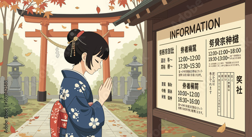 Japanese girl praying in front of a shrine with torii gate during autumn season in a tranquil