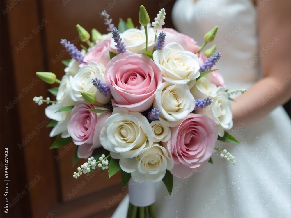 Obraz premium Wedding Bouquet with Pink and White Roses Lavender and Green Buds in Bride Hands